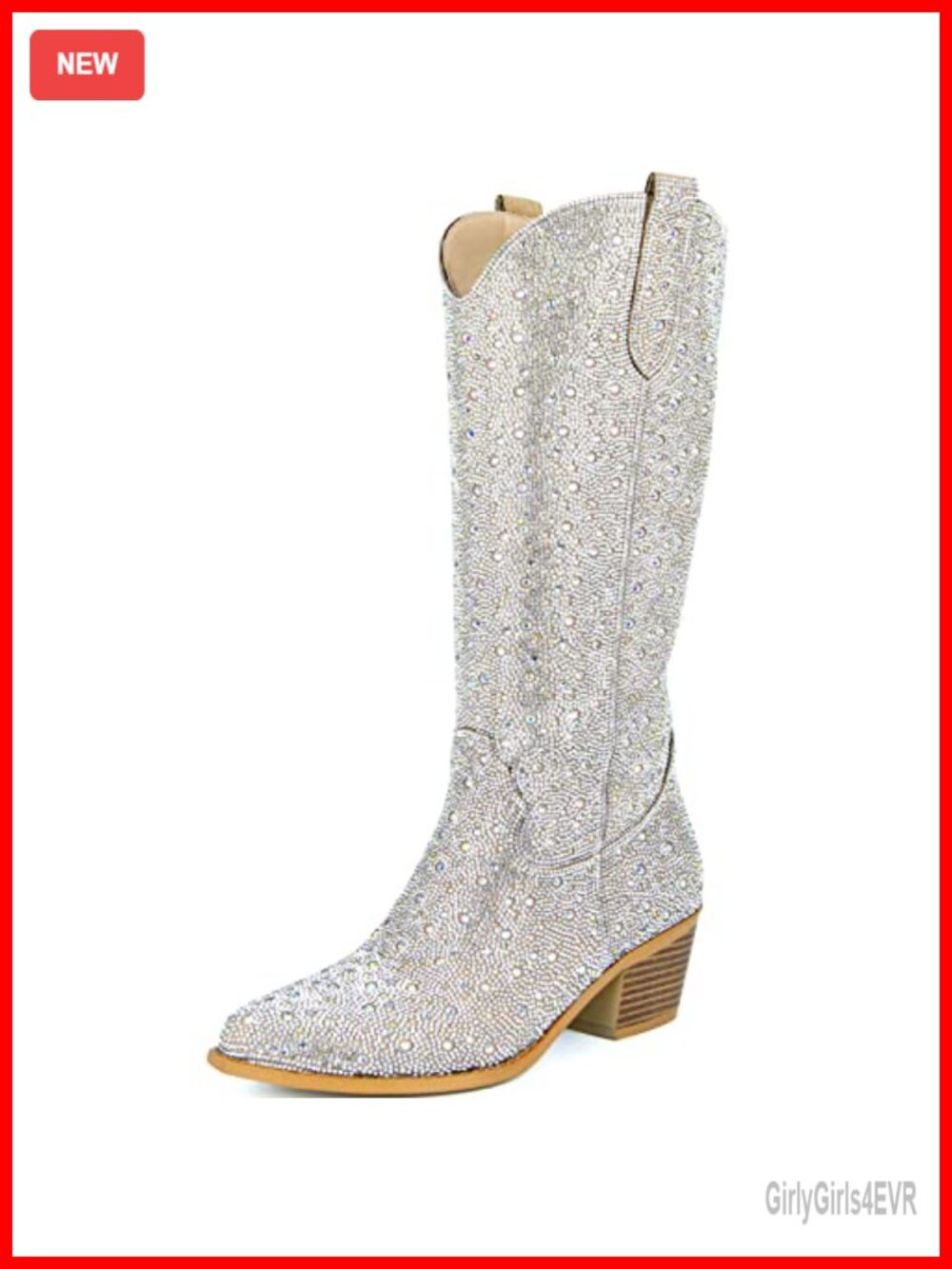 Rhinestone Cowboy Boots Pointed Toe Block Heel Sparkly Cowgirl Knee High
